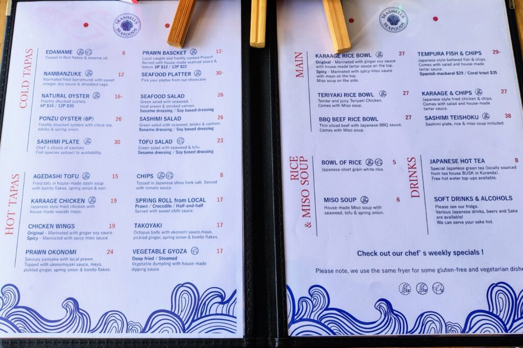 Japanese restaurant menu in Port Douglas